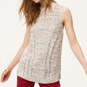 LOFT Ribbed Sleeveless Sweater Crewneck Relaxed Fit Cable Knit Cream Size Medium